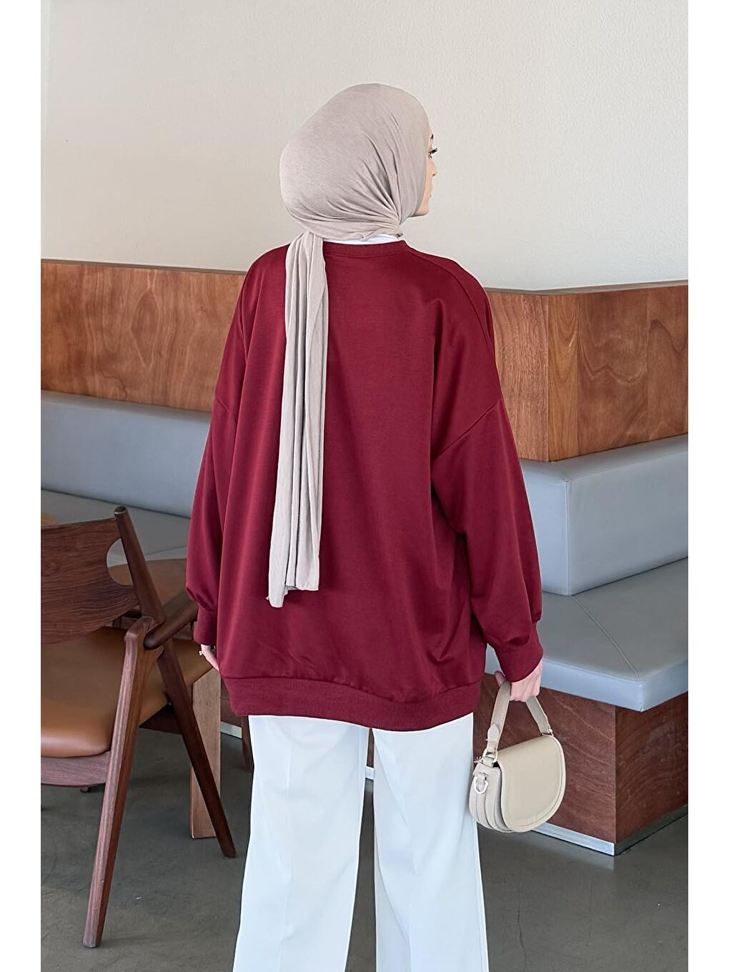 Balon Kol Yaka Ve Etek Ucu Manşetli Bol Sweat Bordo-3