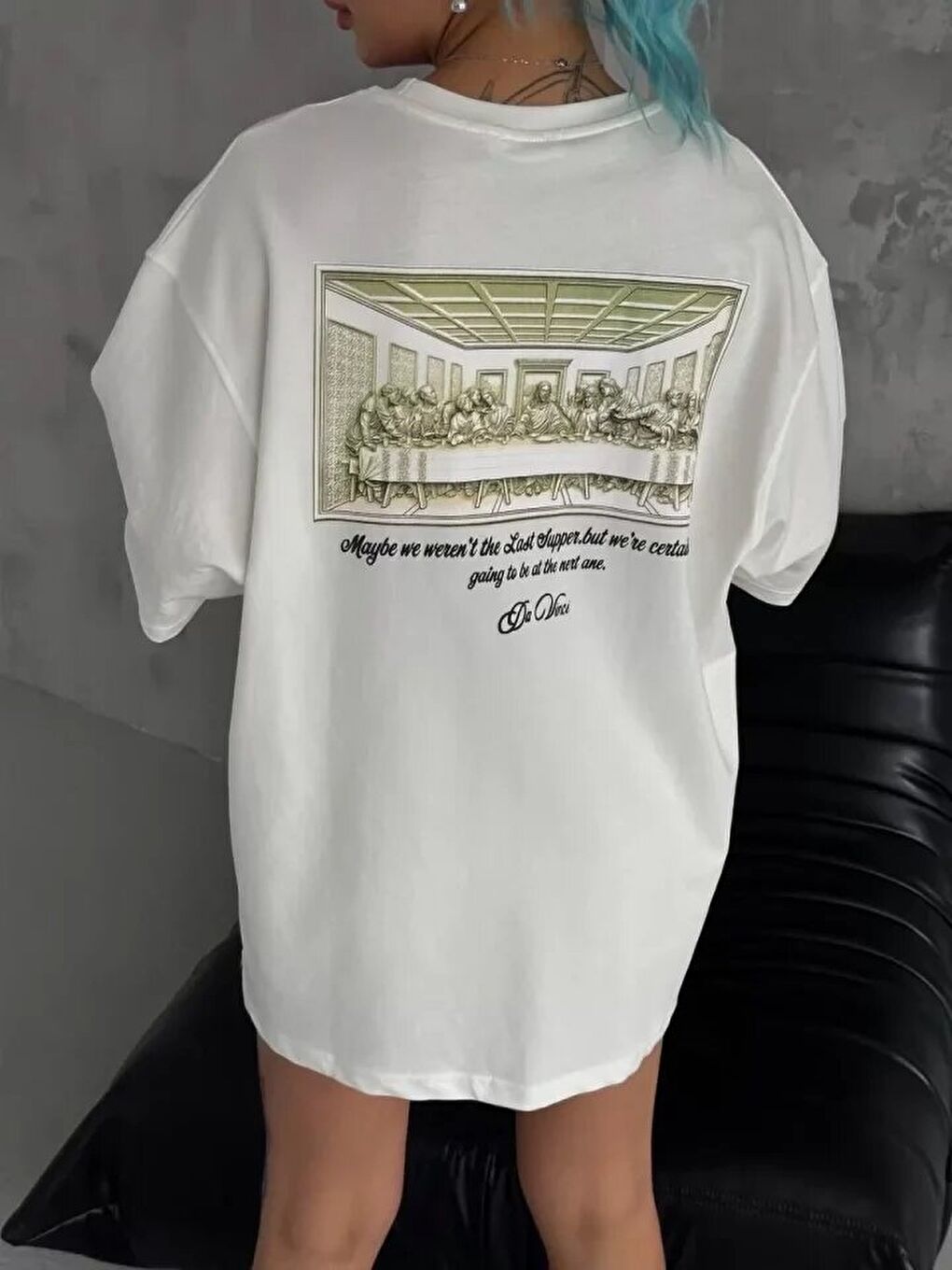 Unisex Baskılı Oversize T-Shirt - Beyaz-1
