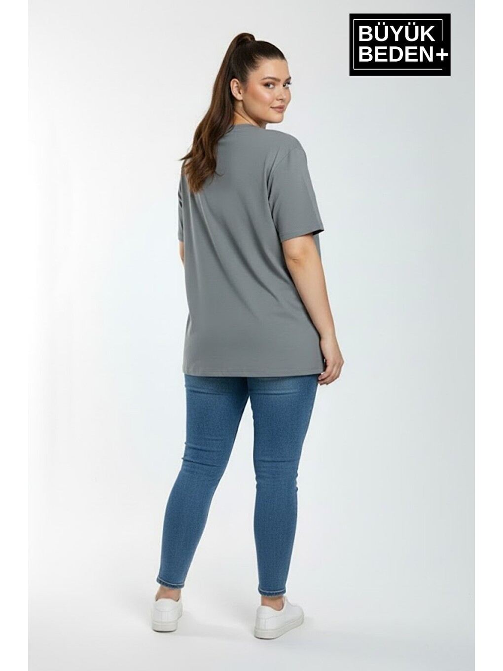 Gri Kadın Büyük Beden N Baskılı 3xl-6xl Bisiklet Yaka Tshırt SPR26BTSK510-19-2
