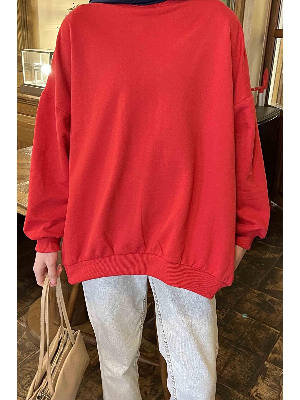 Balon Kol Yaka Ve Etek Ucu Manşetli Bol Sweat Kırmızı-2