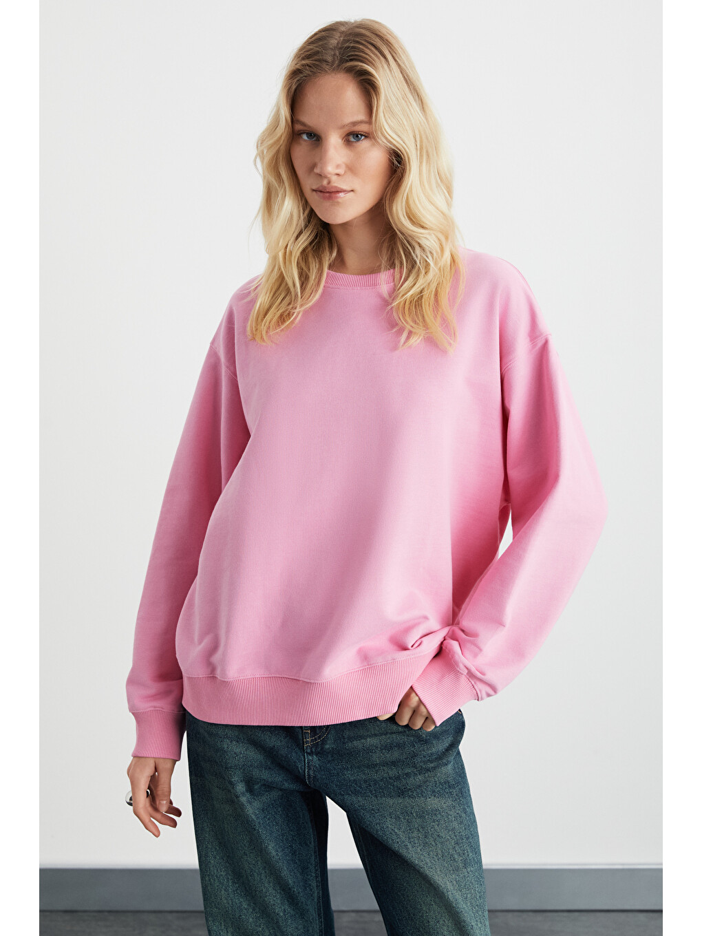Karıus Kadın Organik Pamuklu İçi Polarlı Oversize Yuvarlak Yakalı Pembe Sweatshirt