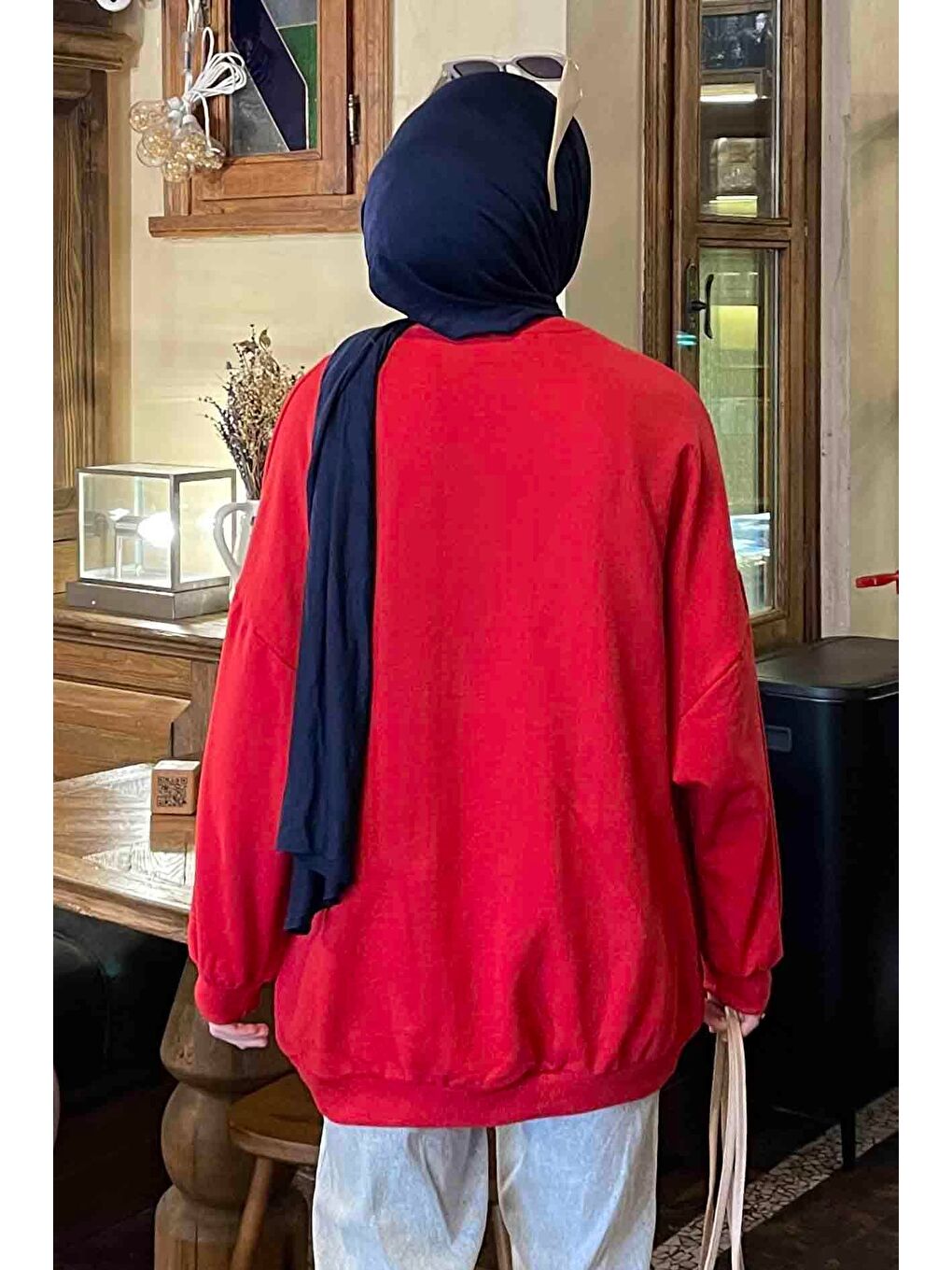 Balon Kol Yaka Ve Etek Ucu Manşetli Bol Sweat Kırmızı-3