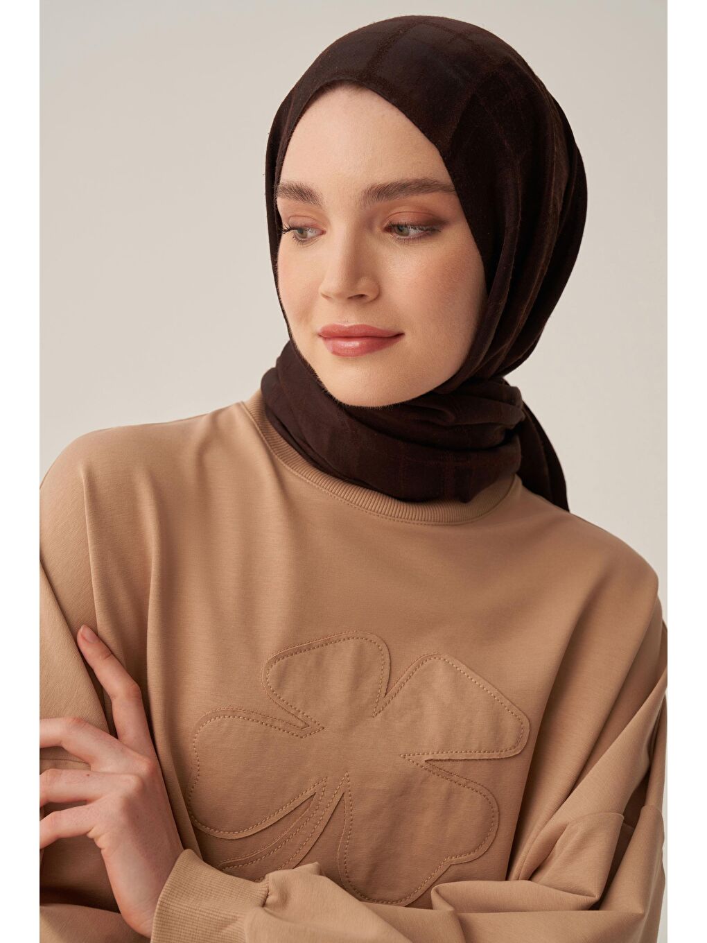 Bej Vizon-Pamuklu Aplikeli Sweatsirt-3