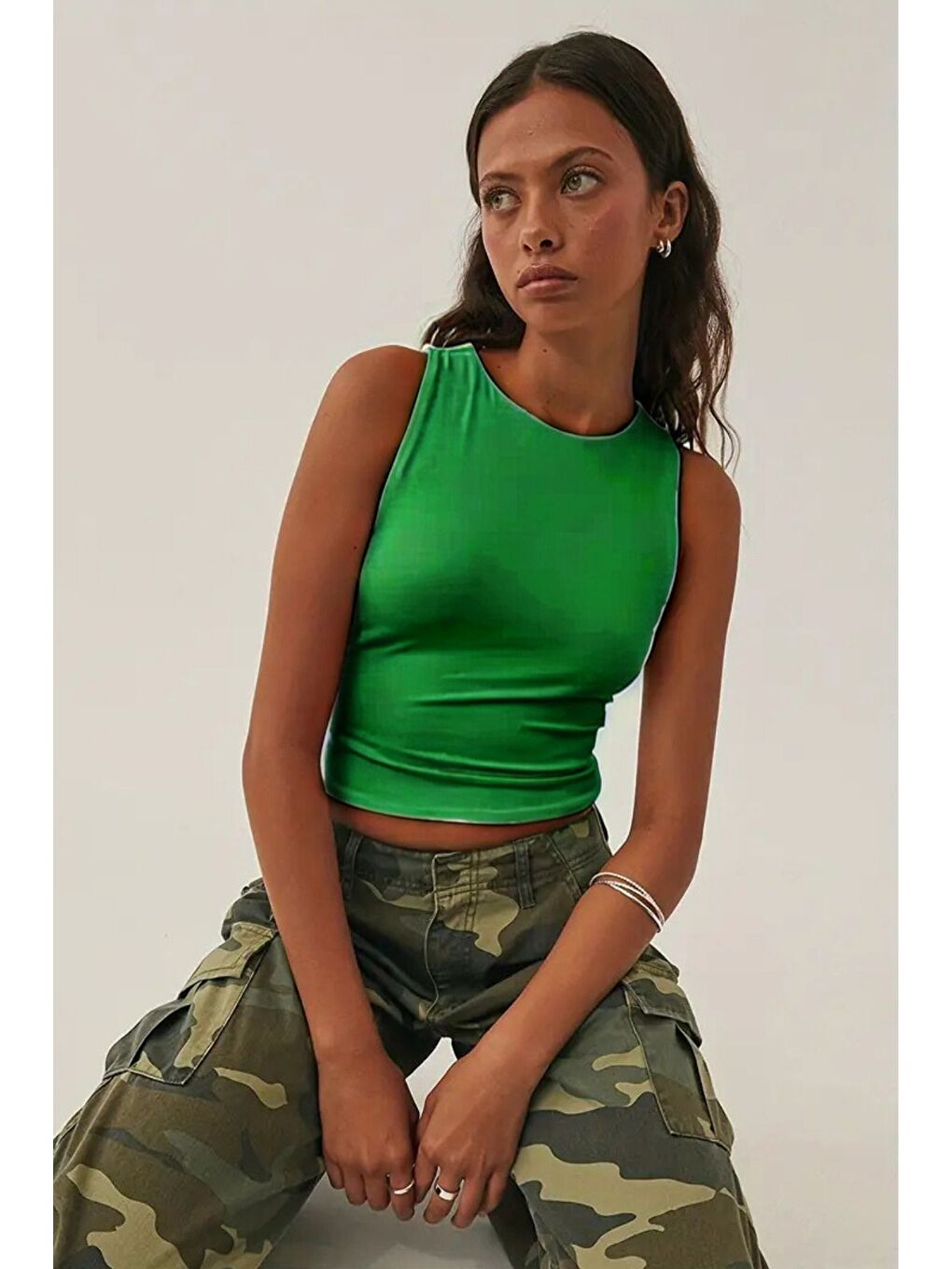 Yeşil Kadın Atlet – Düz Basic Crop Kolsuz T-shirt