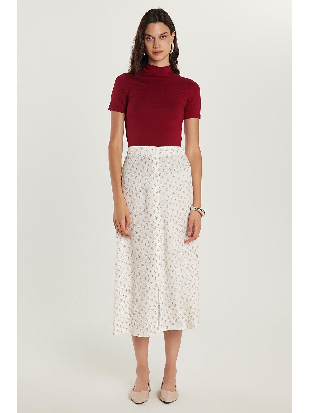 Karışık Kadın Standart Fit Düğmeli Viskon Lastikli Baskılı Midi Boy Etek-3