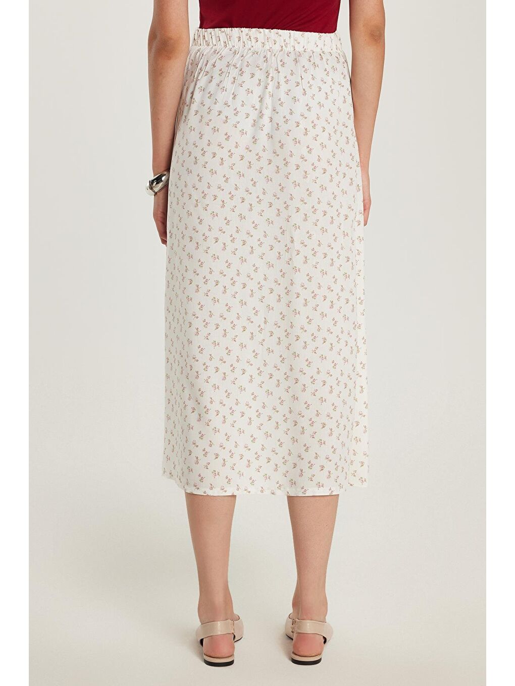 Karışık Kadın Standart Fit Düğmeli Viskon Lastikli Baskılı Midi Boy Etek-4