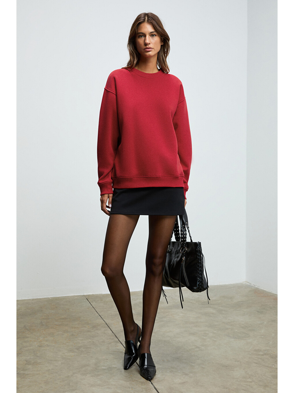 Karıus Kadın Organik Pamuklu İçi Polarlı Oversize Yuvarlak Yakalı Bordo Sweatshirt-4
