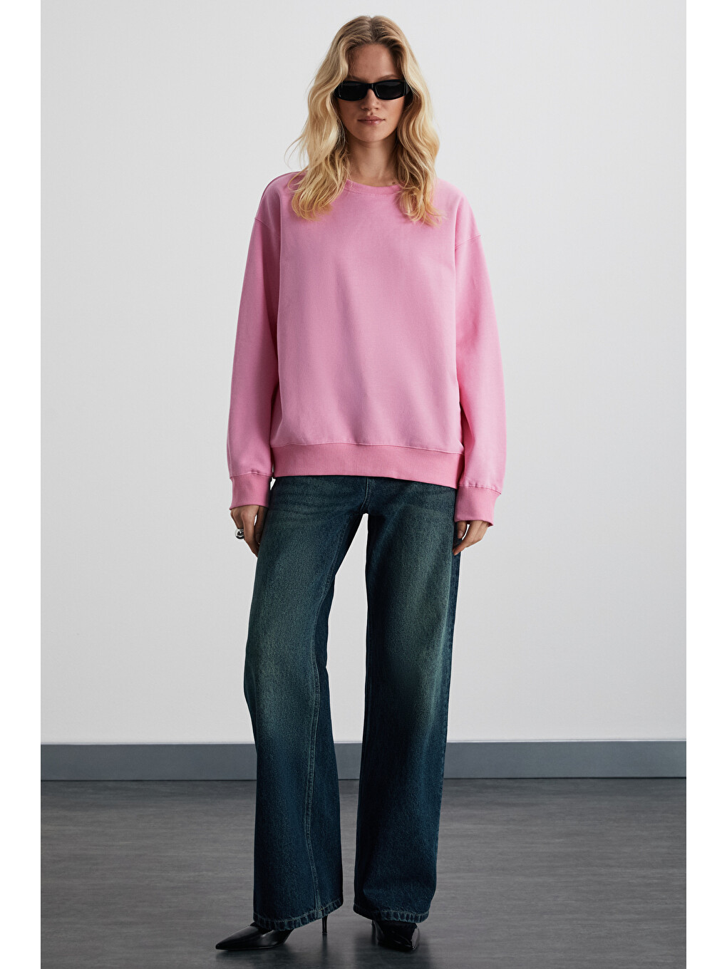 Karıus Kadın Organik Pamuklu İçi Polarlı Oversize Yuvarlak Yakalı Pembe Sweatshirt-1