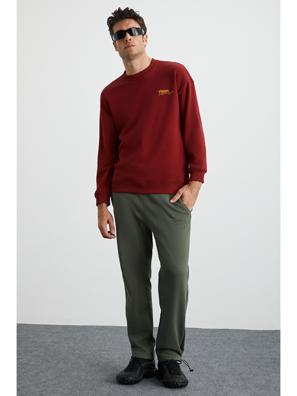Ernest Erkek Organik Pamuklu Yumuşacık Baskı Detaylı Bisiklet Yaka İçi Polarlı Bordo Sweatshirt-1