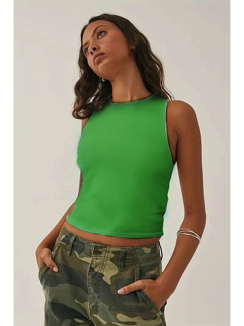 Yeşil Kadın Atlet – Düz Basic Crop Kolsuz T-shirt-1