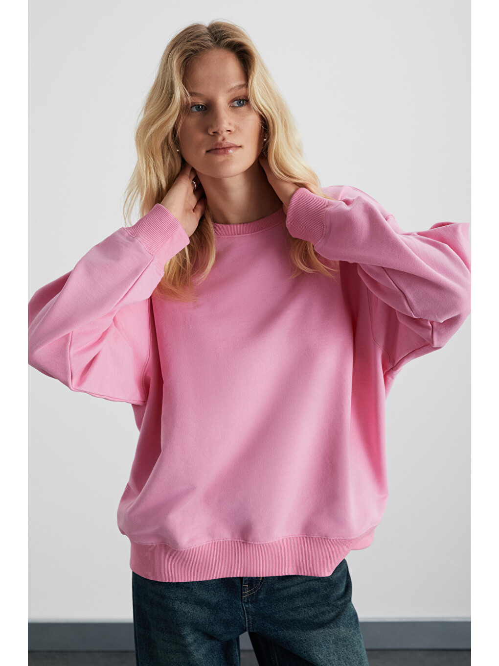 Karıus Kadın Organik Pamuklu İçi Polarlı Oversize Yuvarlak Yakalı Pembe Sweatshirt-2