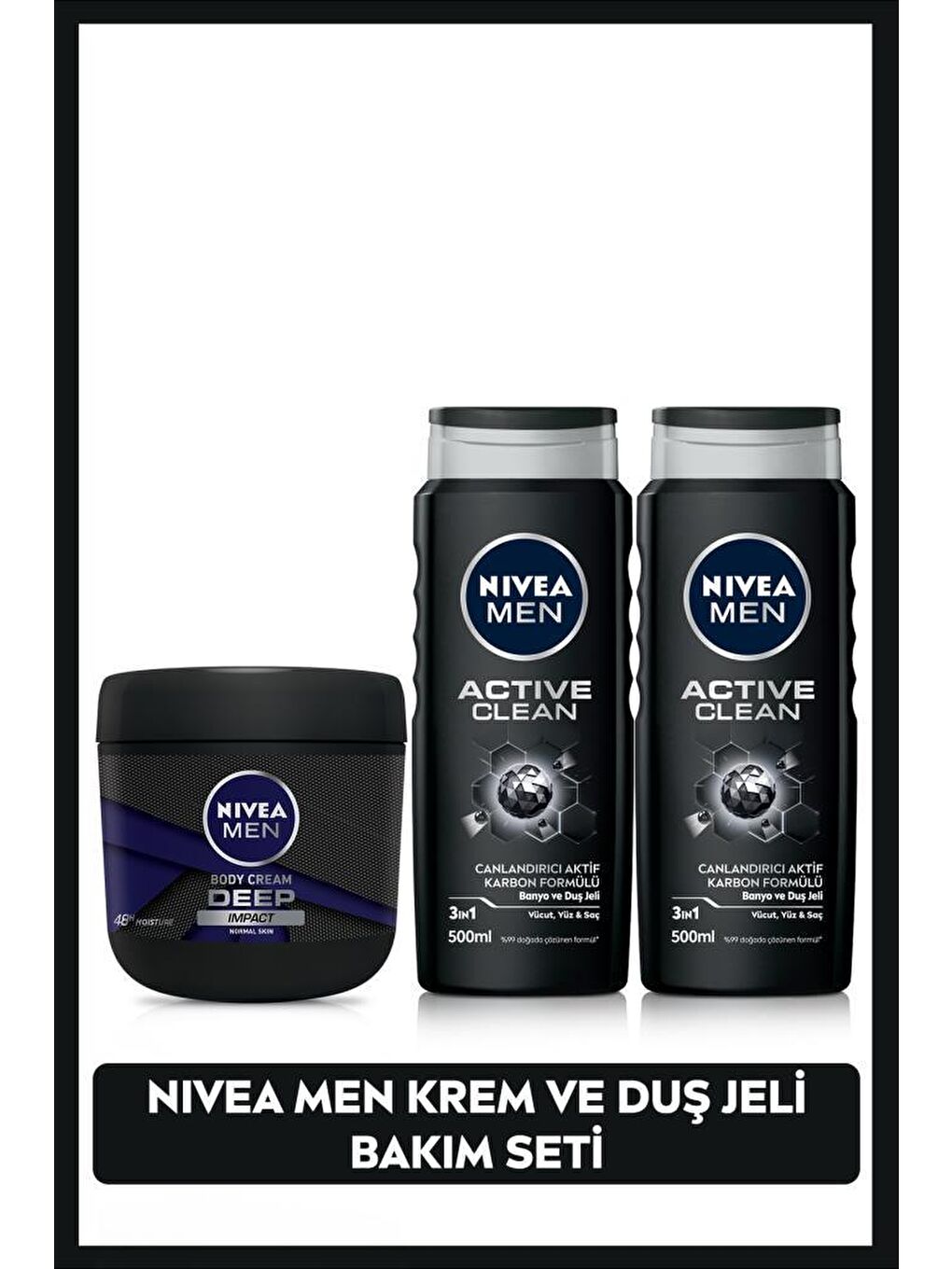 NIVEA Şeffaf MEN Active Clean Erkek Duş Jeli 500ml X2 Adet ve MEN Deep Impact Nemlendirici El Vücut Kremi 400ml