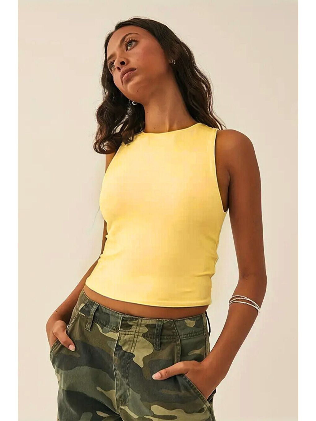 Sarı Kadın Atlet – Düz Basic Crop Kolsuz T-shirt-1