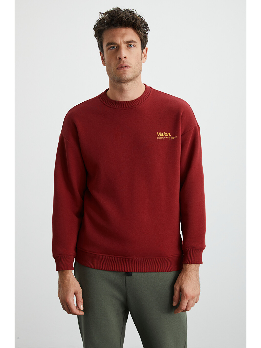 Ernest Erkek Organik Pamuklu Yumuşacık Baskı Detaylı Bisiklet Yaka İçi Polarlı Bordo Sweatshirt-2