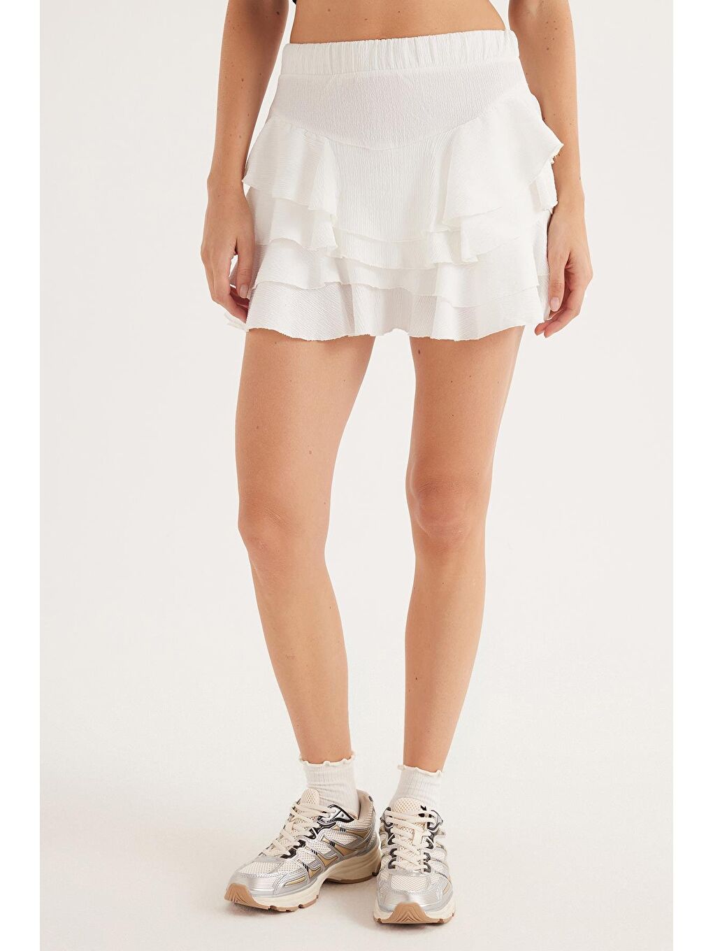 Kadın Relax Fit Rahat Kesim Beli Lastikli Piliseli Ekru Etek