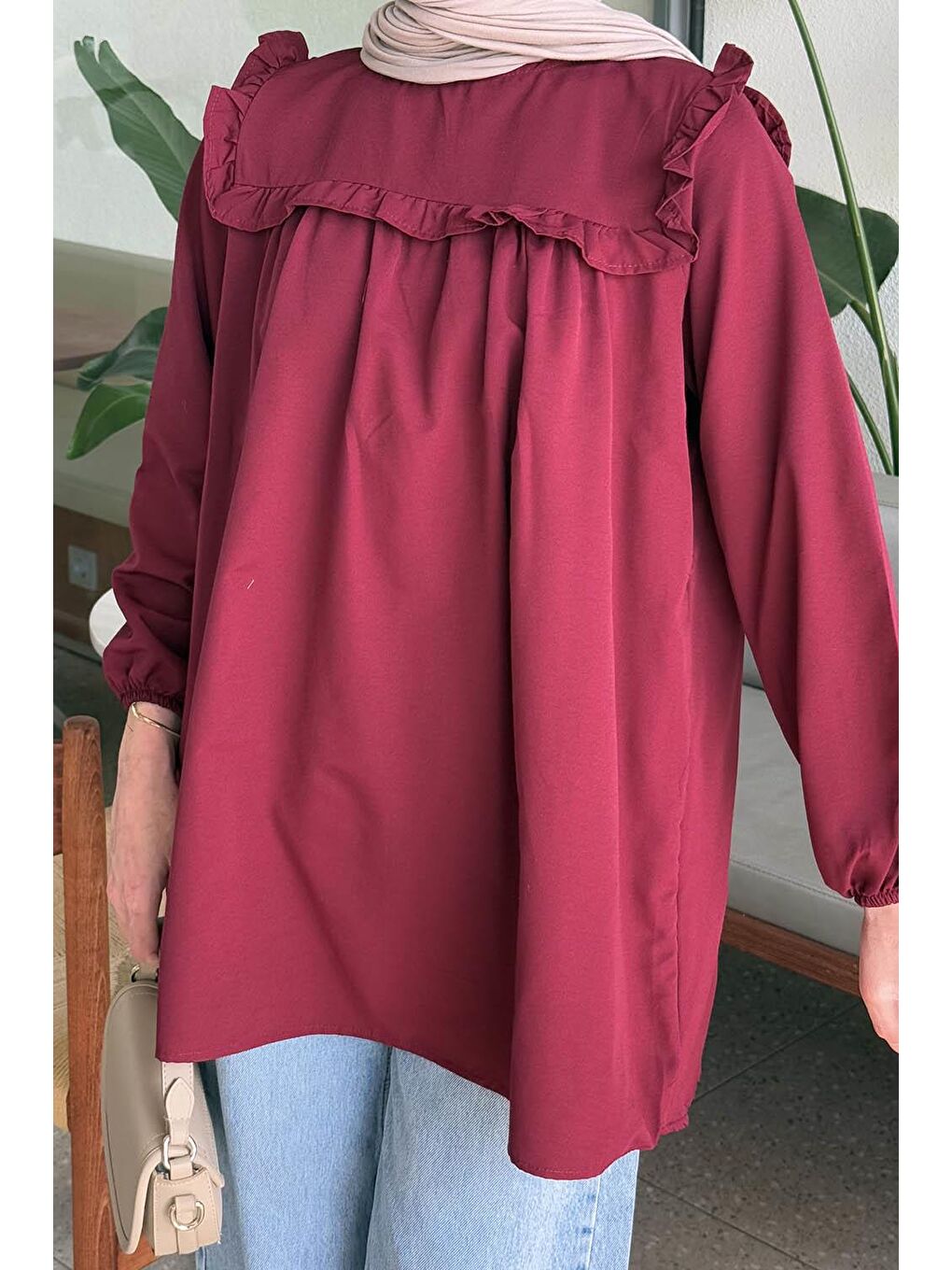 Bisiklet Yaka Omuz Fırfırlı Tunik Bordo-2