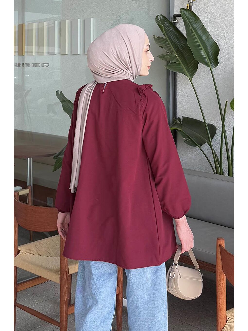 Bisiklet Yaka Omuz Fırfırlı Tunik Bordo-3