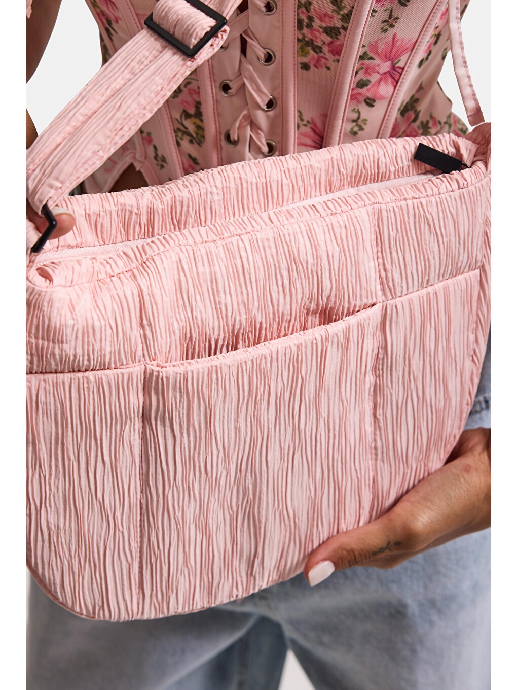 Kadın Pembe Özel Kumaş Askılı Çanta-2