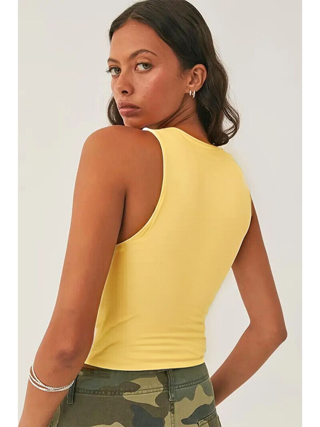 Sarı Kadın Atlet – Düz Basic Crop Kolsuz T-shirt-2