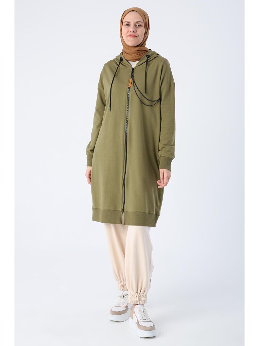 Haki Kapüşonlu Zincir Detaylı Fermuarlı Sweat Hırka-1