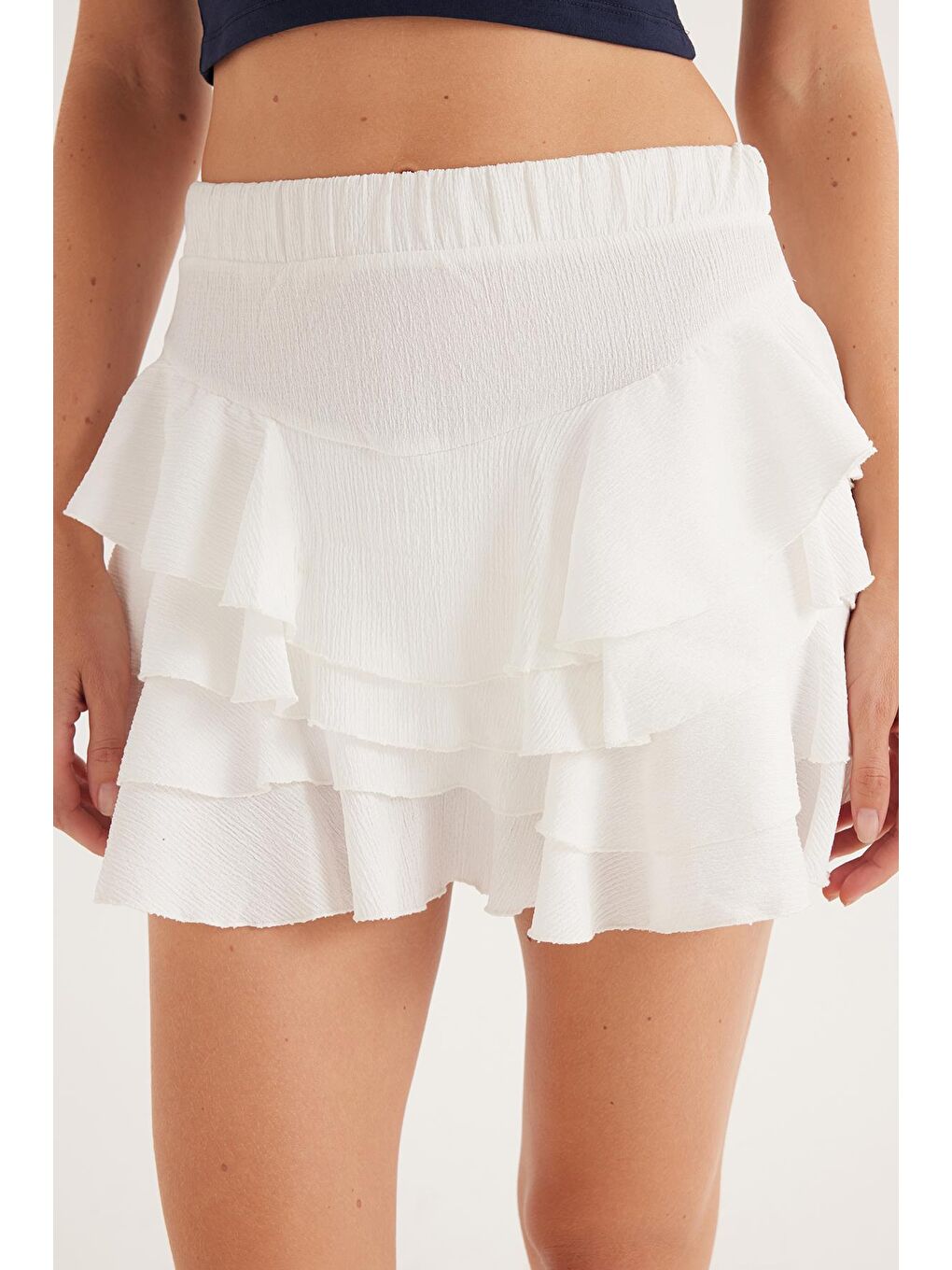 Kadın Relax Fit Rahat Kesim Beli Lastikli Piliseli Ekru Etek-2