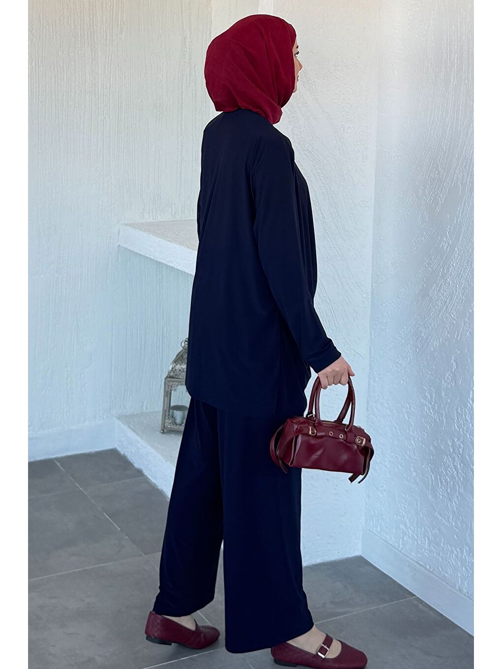 Lacivert Bel Lastikli Pantolon Gold Tokalı Tunik Tesettür İkili Takım-3