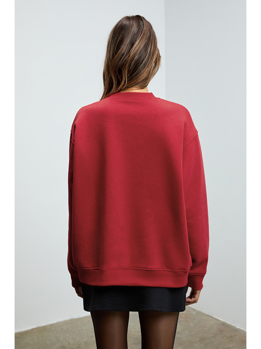 Karıus Kadın Organik Pamuklu İçi Polarlı Oversize Yuvarlak Yakalı Bordo Sweatshirt-5