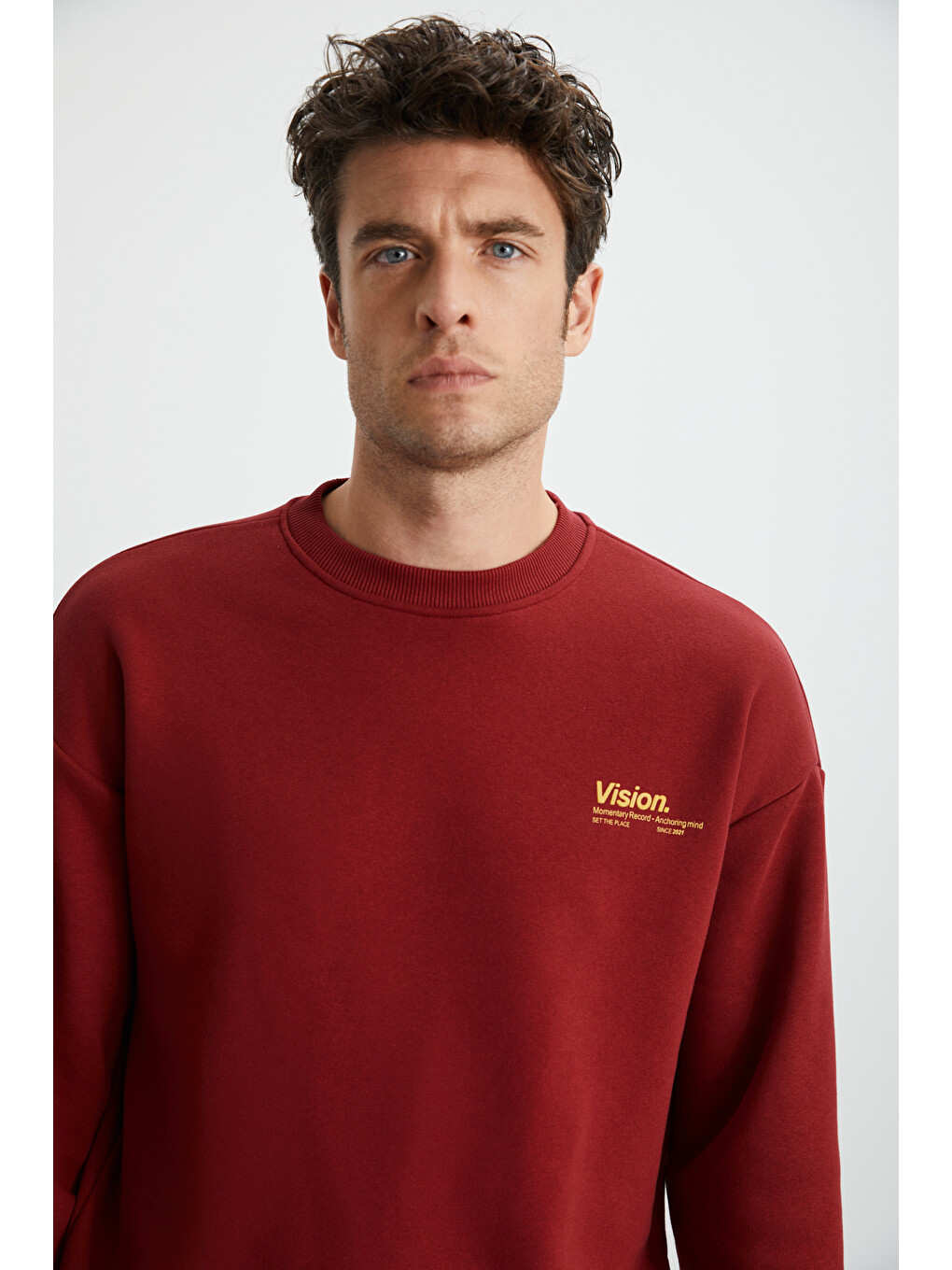 Ernest Erkek Organik Pamuklu Yumuşacık Baskı Detaylı Bisiklet Yaka İçi Polarlı Bordo Sweatshirt-4