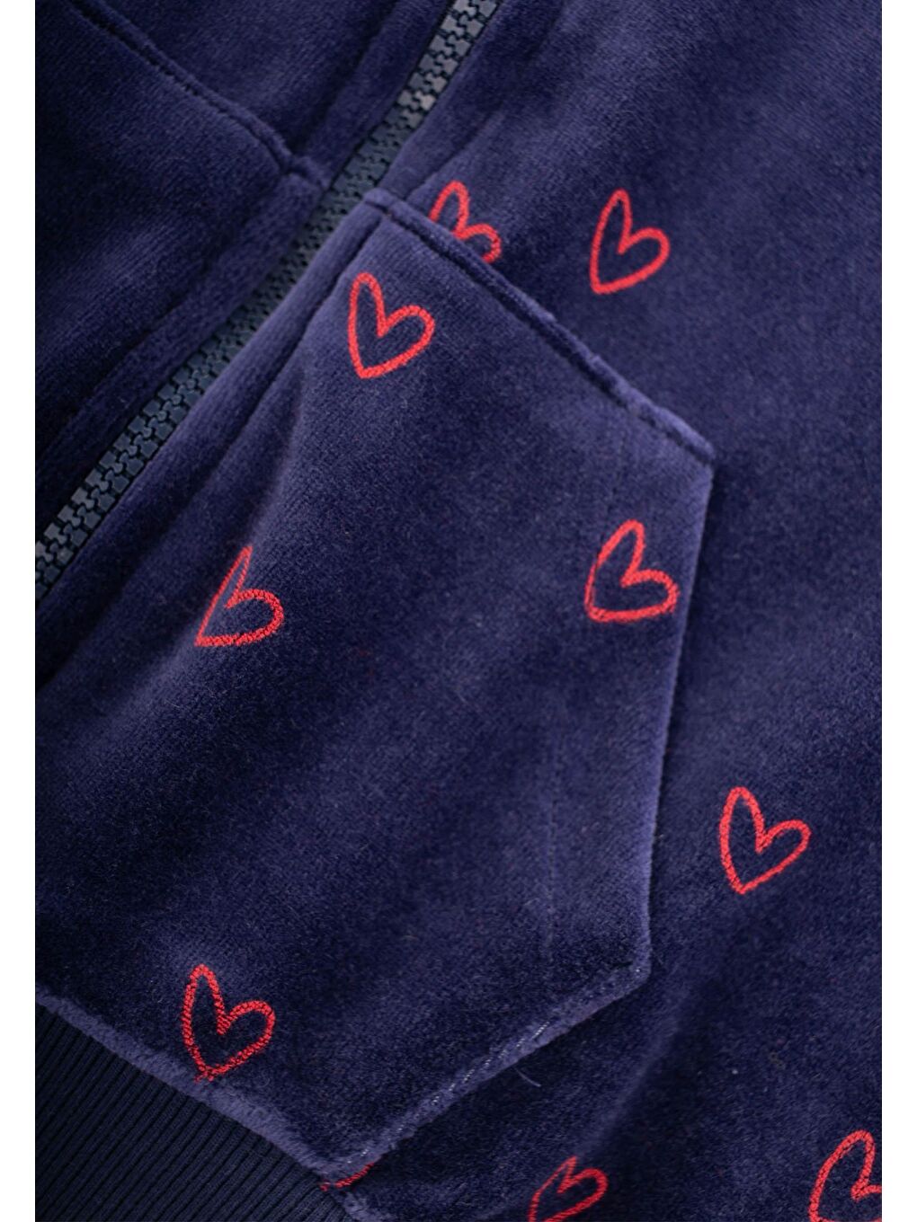 Lacivert Kız Çocuk Desenli Kadife Fermuarlı Sweatshirt-2