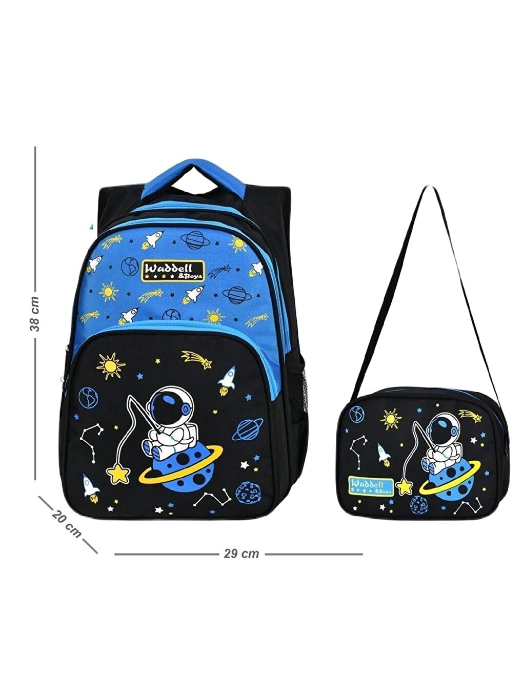 3 Bölmeli İlkokul Çantası ve Beslenme Çantası Astronot Mavi-Siyah 3004-1