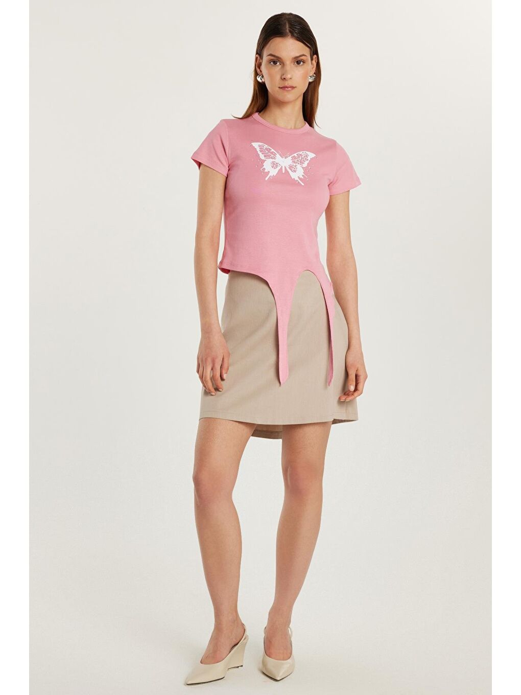 Kadın Slim Fit Dar Kesim %100 Pamuk Mini Bej Etek-3