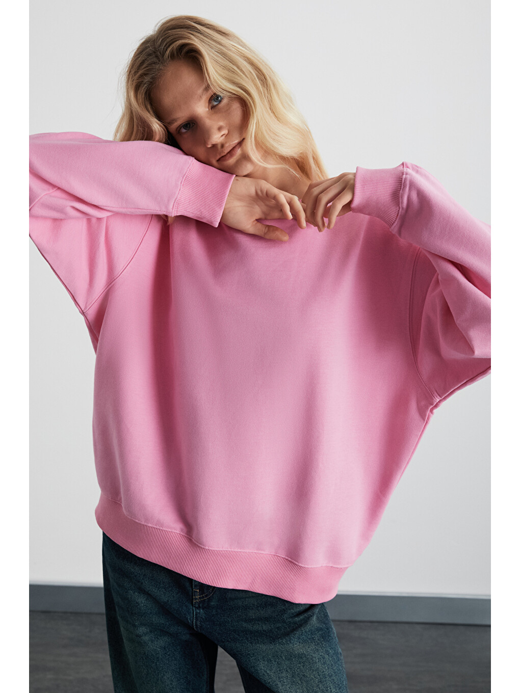 Karıus Kadın Organik Pamuklu İçi Polarlı Oversize Yuvarlak Yakalı Pembe Sweatshirt-4
