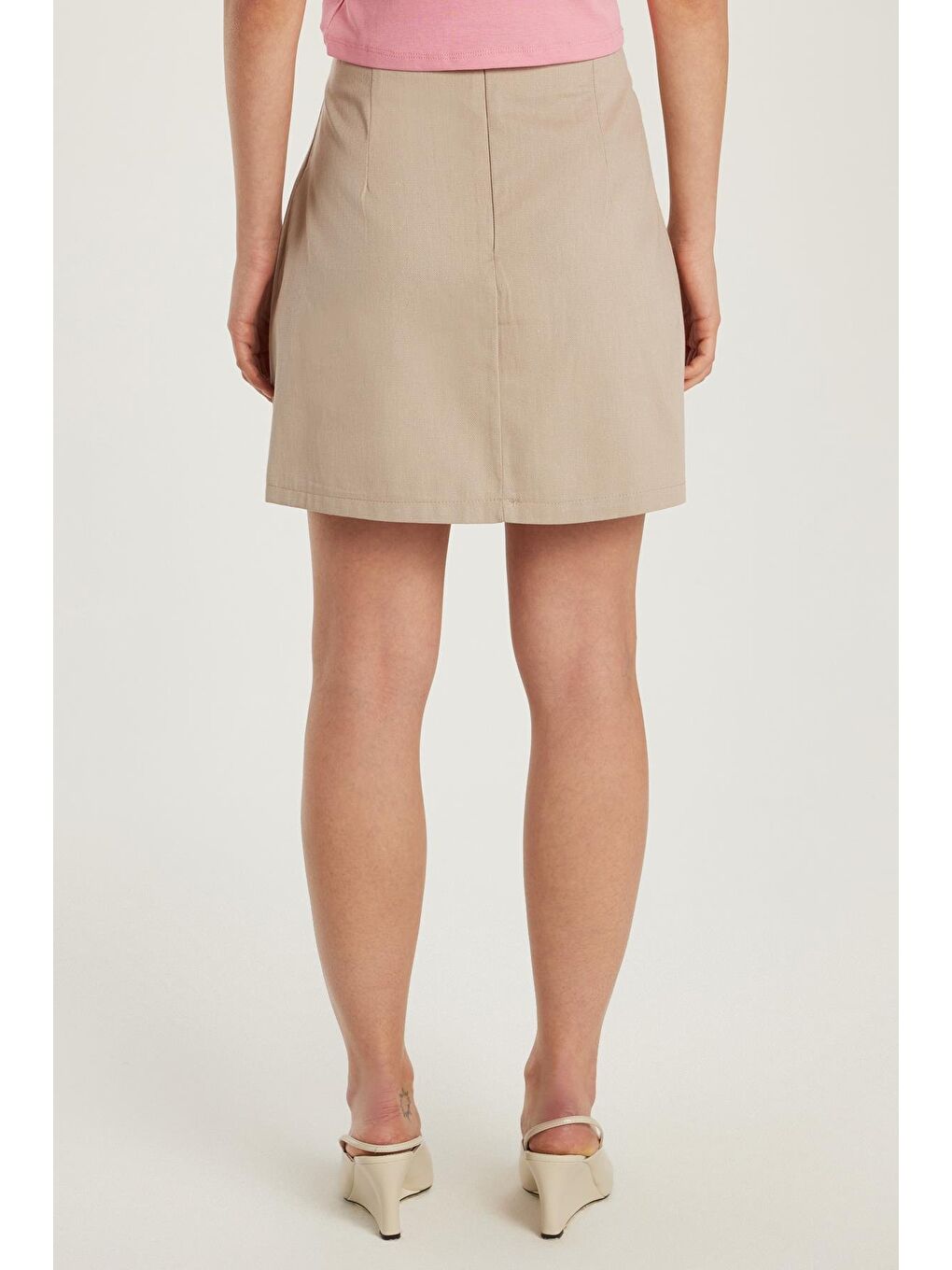 Kadın Slim Fit Dar Kesim %100 Pamuk Mini Bej Etek-4