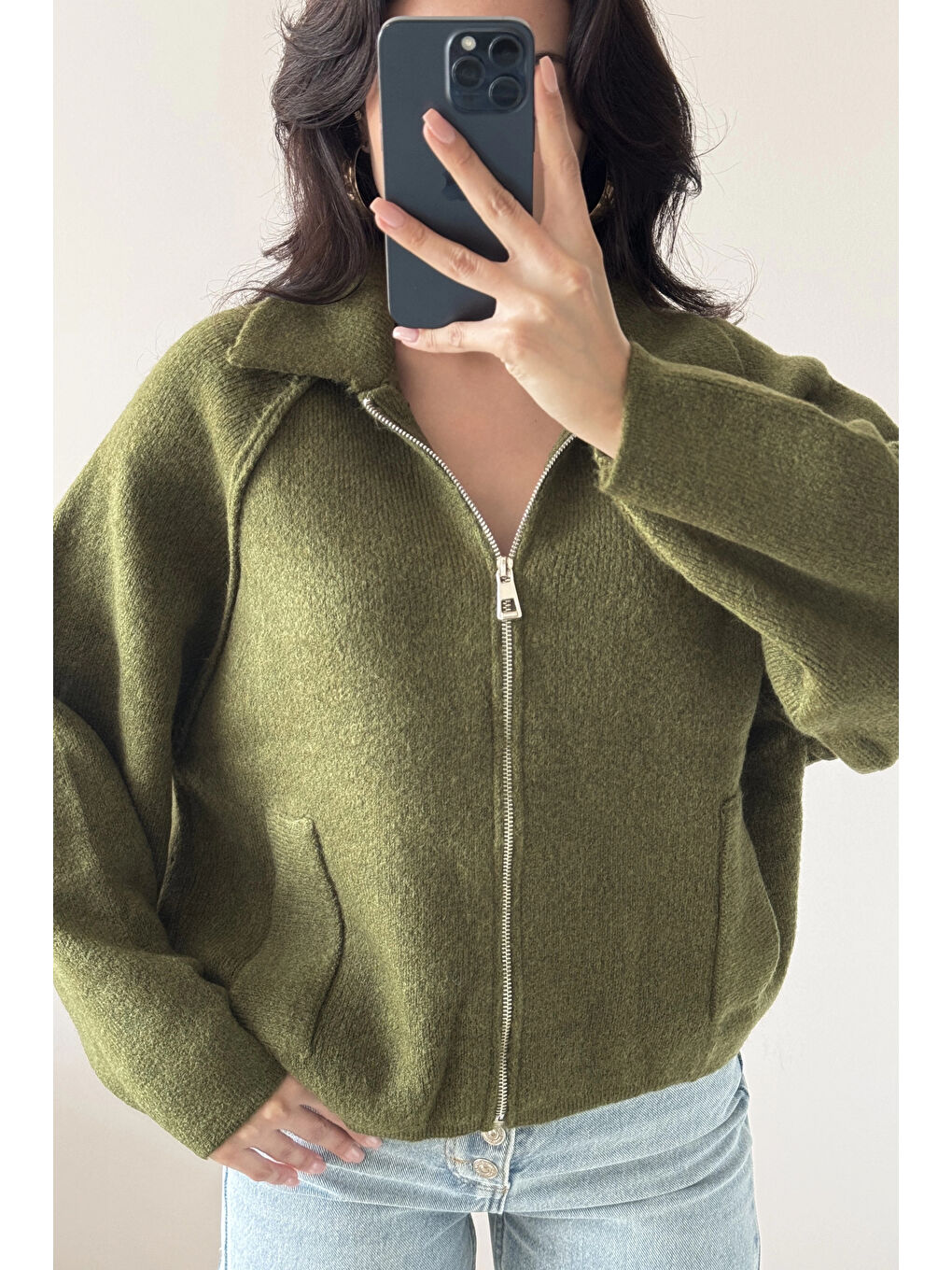 Kadın Haki Fermuarlı Oversize Hırka 1014-2381