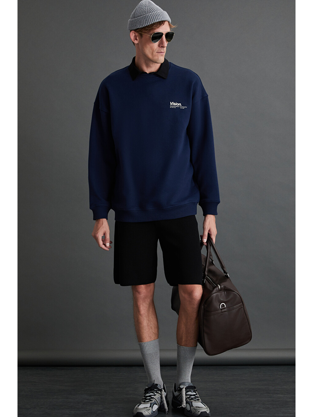 Lacivert Ernest Erkek Organik Pamuklu Yumuşacık Baskı Detaylı Bisiklet Yaka İçi Polarlı LACİVERT Sweatshirt-1
