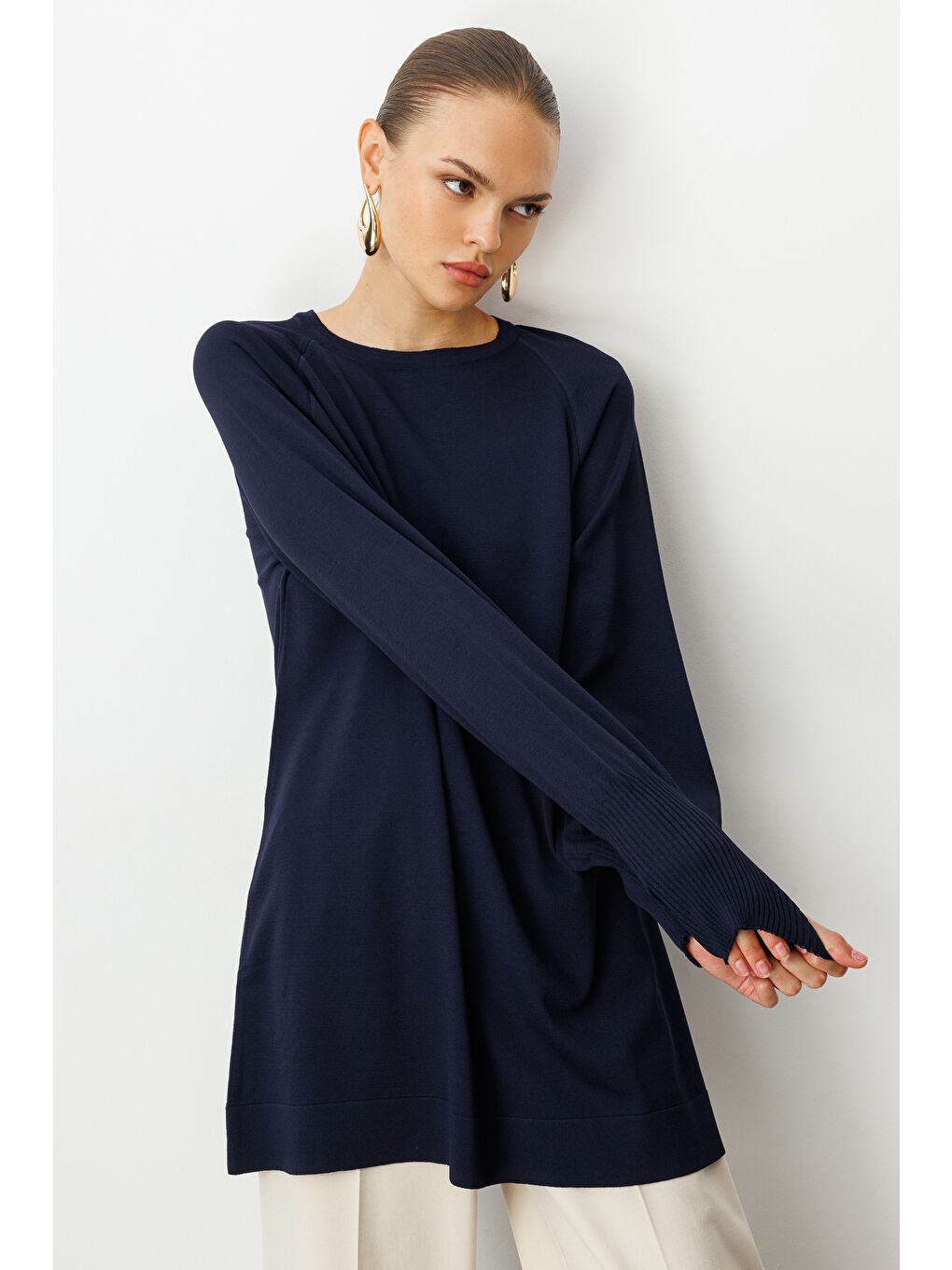 Balon Kollu Rayon Lacivert Tunik-1