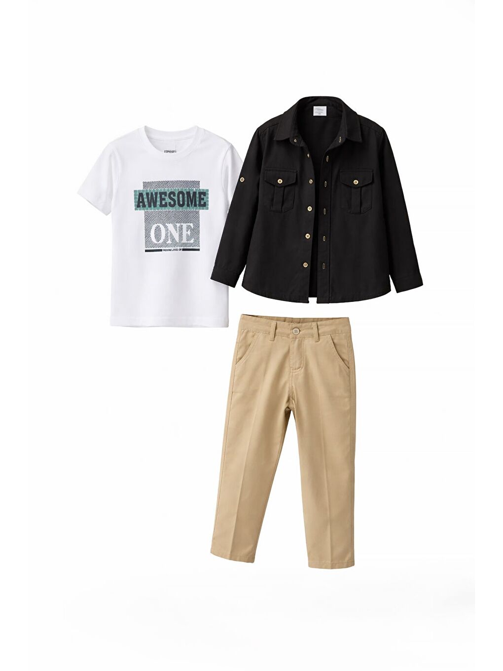 Siyah Uzun Kol Düğmeli Gömlekli Tişörtlüi Erkek Çocuk 3lü Pantolonlu Takım 23755-2