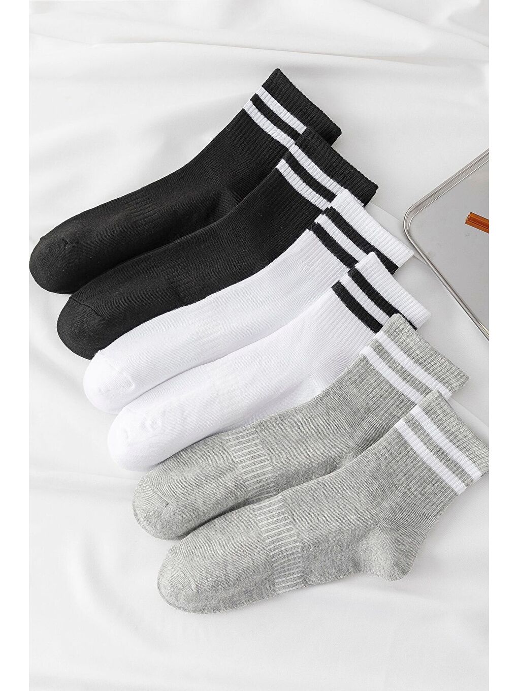 Beyaz Unisex 6 Çift Düz Siyah-beyaz Tenis Çorap