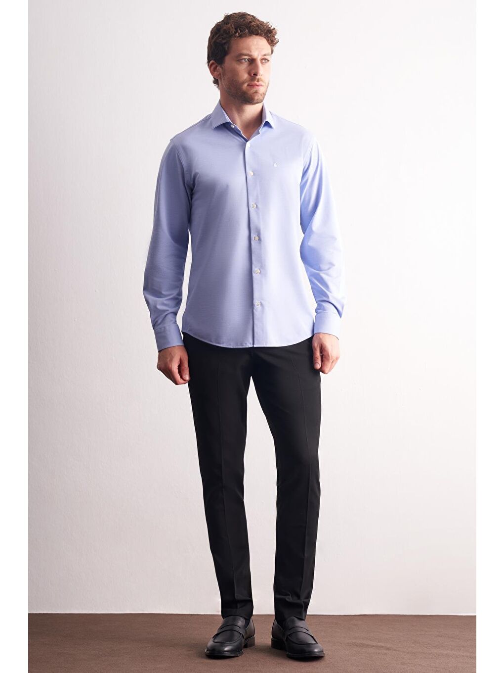 Mavi Yarım İtalyan Yaka Uzun Kol Premium Slim Fit %100 Pamuk Gömlek 1004255194-1