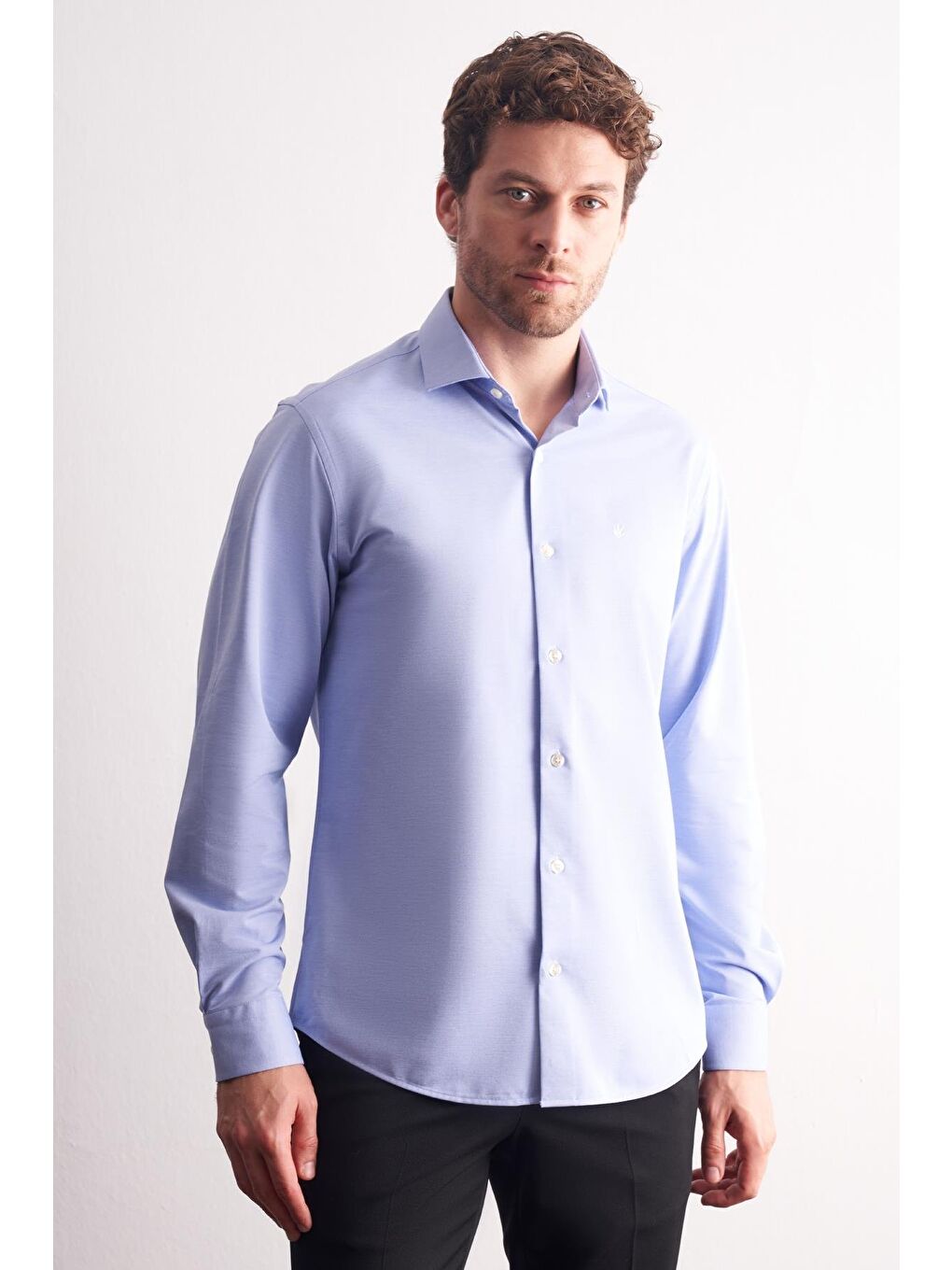 Mavi Yarım İtalyan Yaka Uzun Kol Premium Slim Fit %100 Pamuk Gömlek 1004255194-2