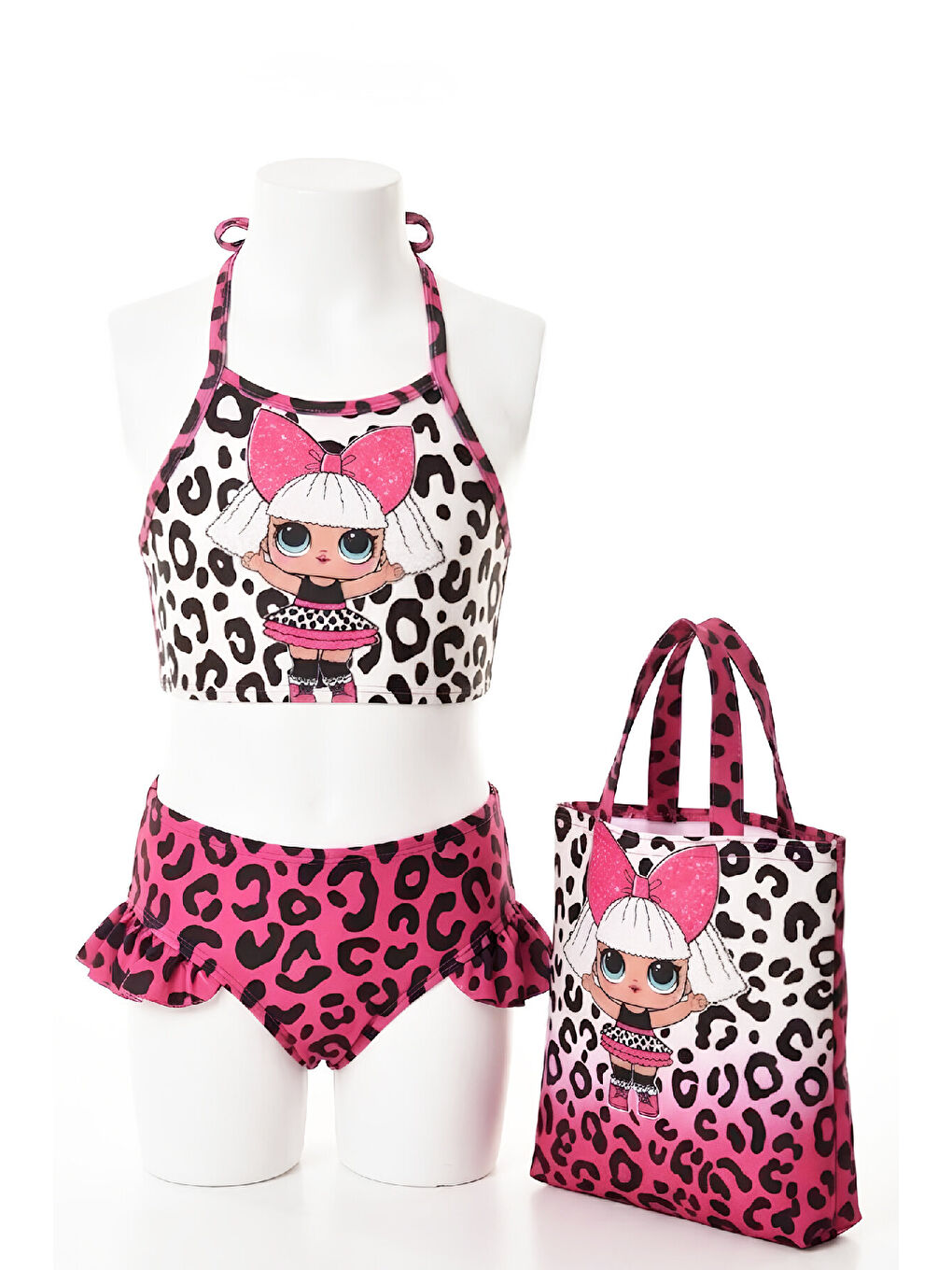 Fuşya Kız Çocuk Çantalı 3'lü Mayo Takımı (Çanta+Mayo+Bikini) 3-10 Yaş 12649N-1