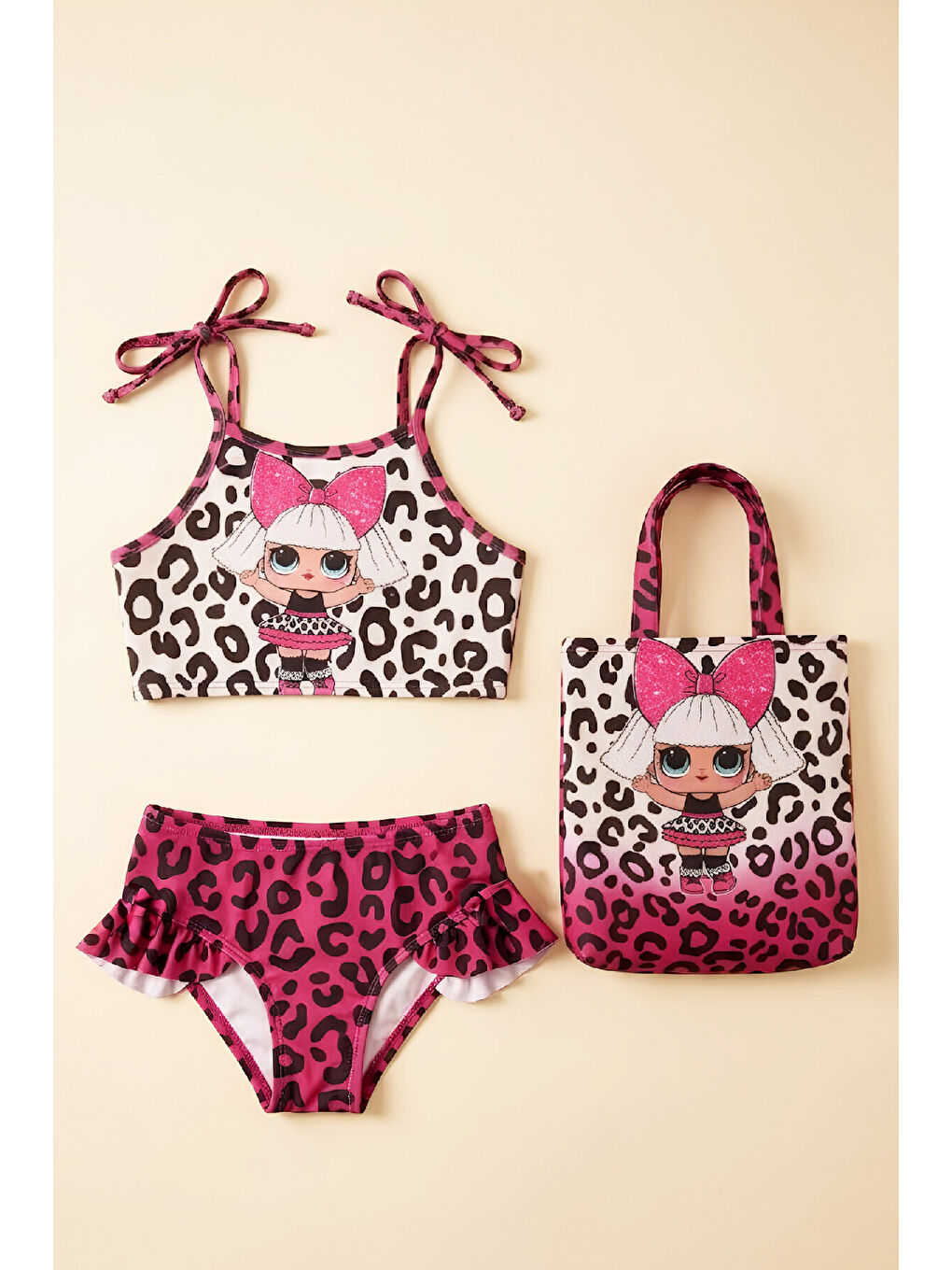 Fuşya Kız Çocuk Çantalı 3'lü Mayo Takımı (Çanta+Mayo+Bikini) 3-10 Yaş 12649N-2