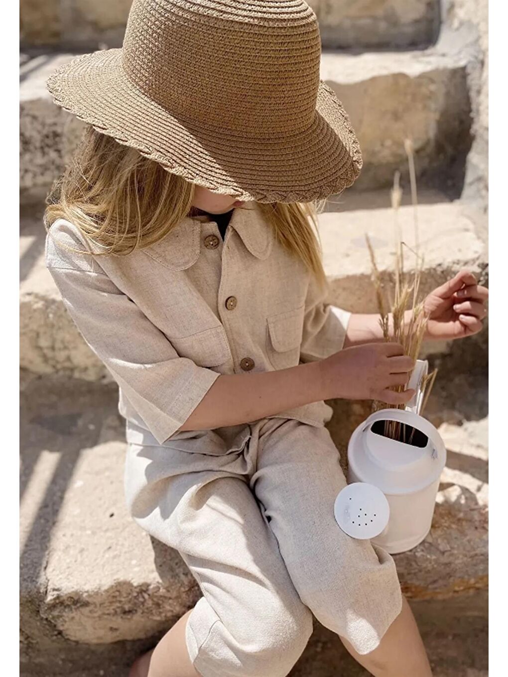 Ekru Kız Çocuk Keten Takım-1