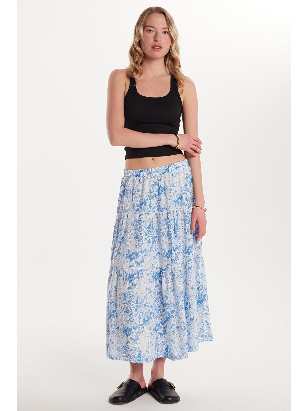 Karışık Kadın Standart Fit Beli Lastikli Pileli Baskılı Viskon Etek-3