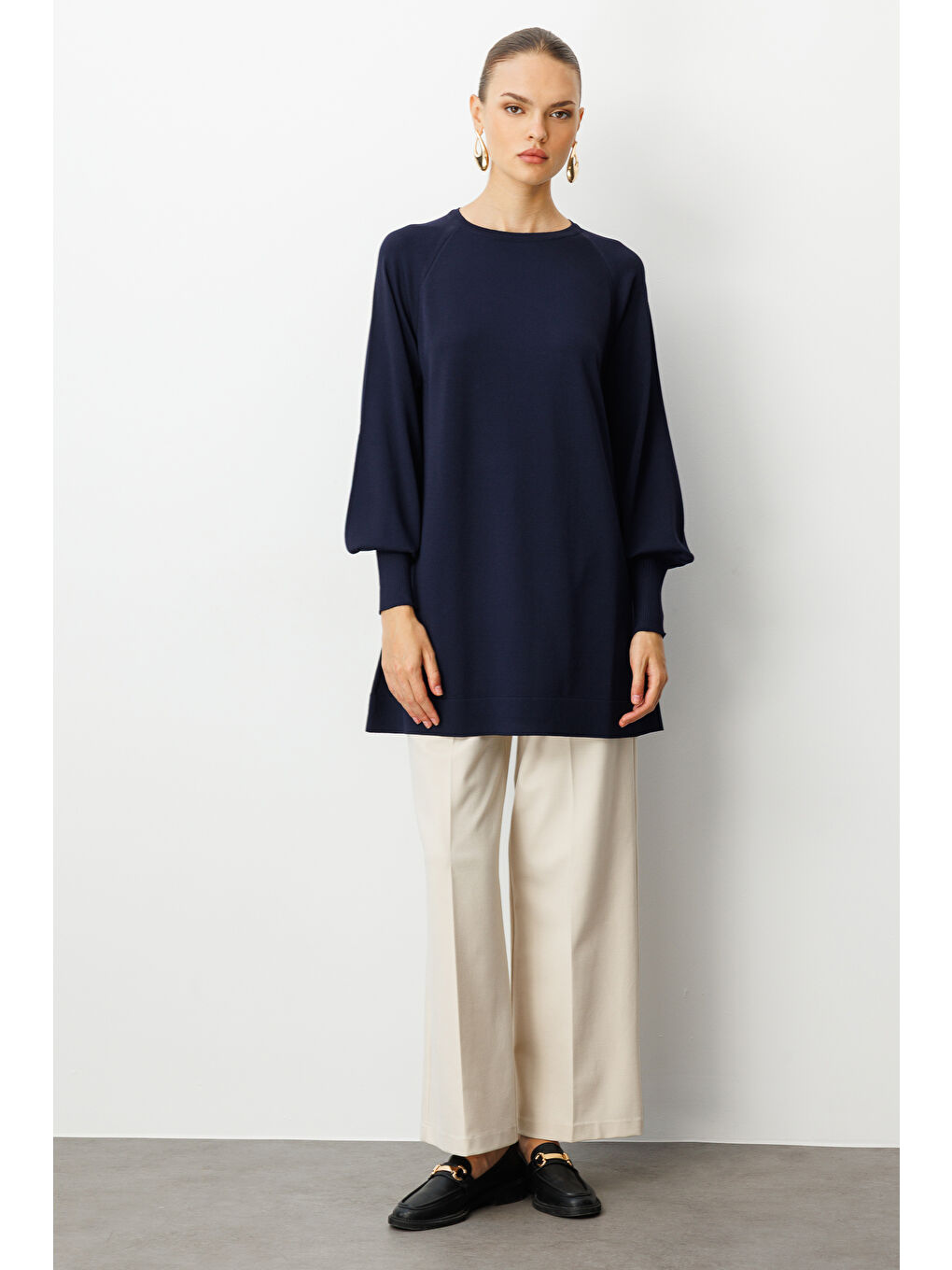 Balon Kollu Rayon Lacivert Tunik-2