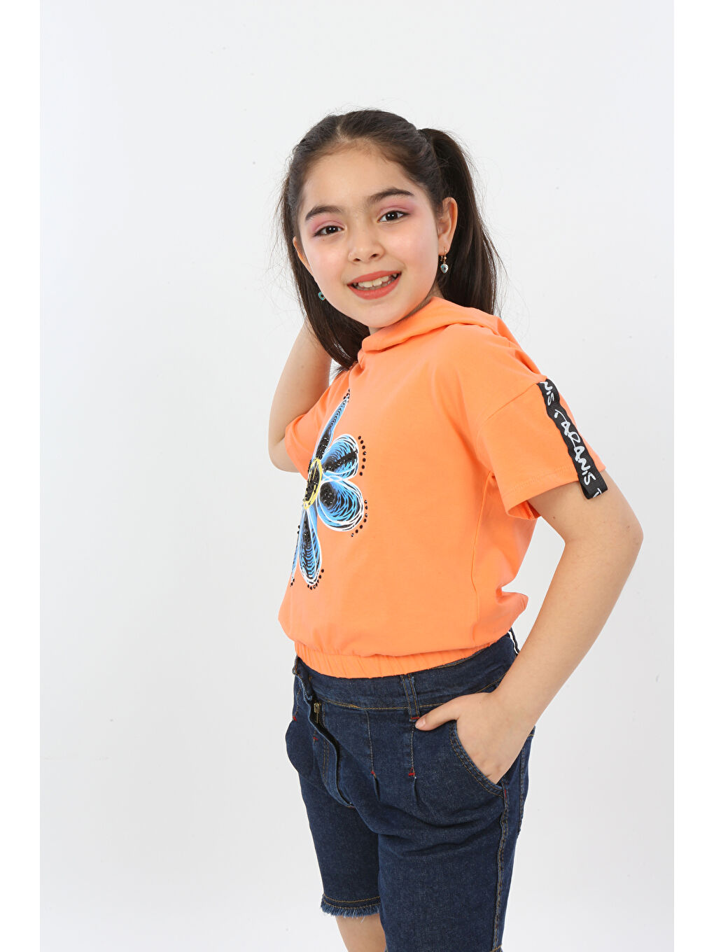 Turuncu Kız Çocuk Önü Çiçek Baskılı Tişört-1