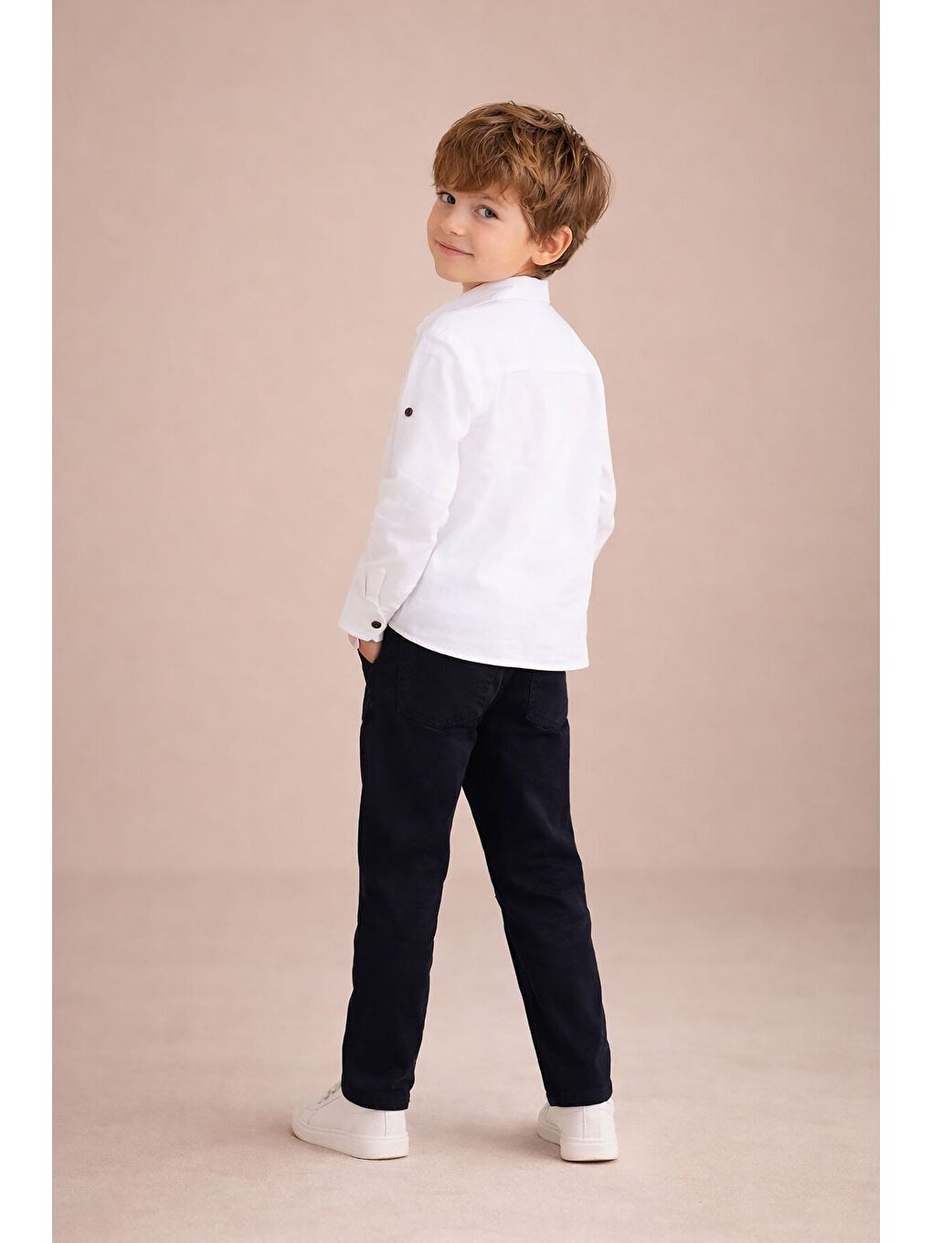 Lacivert Keten Pantolonlu Uzun Kol Gömlekli Erkek Çocuk 3lü Takım 23766-1