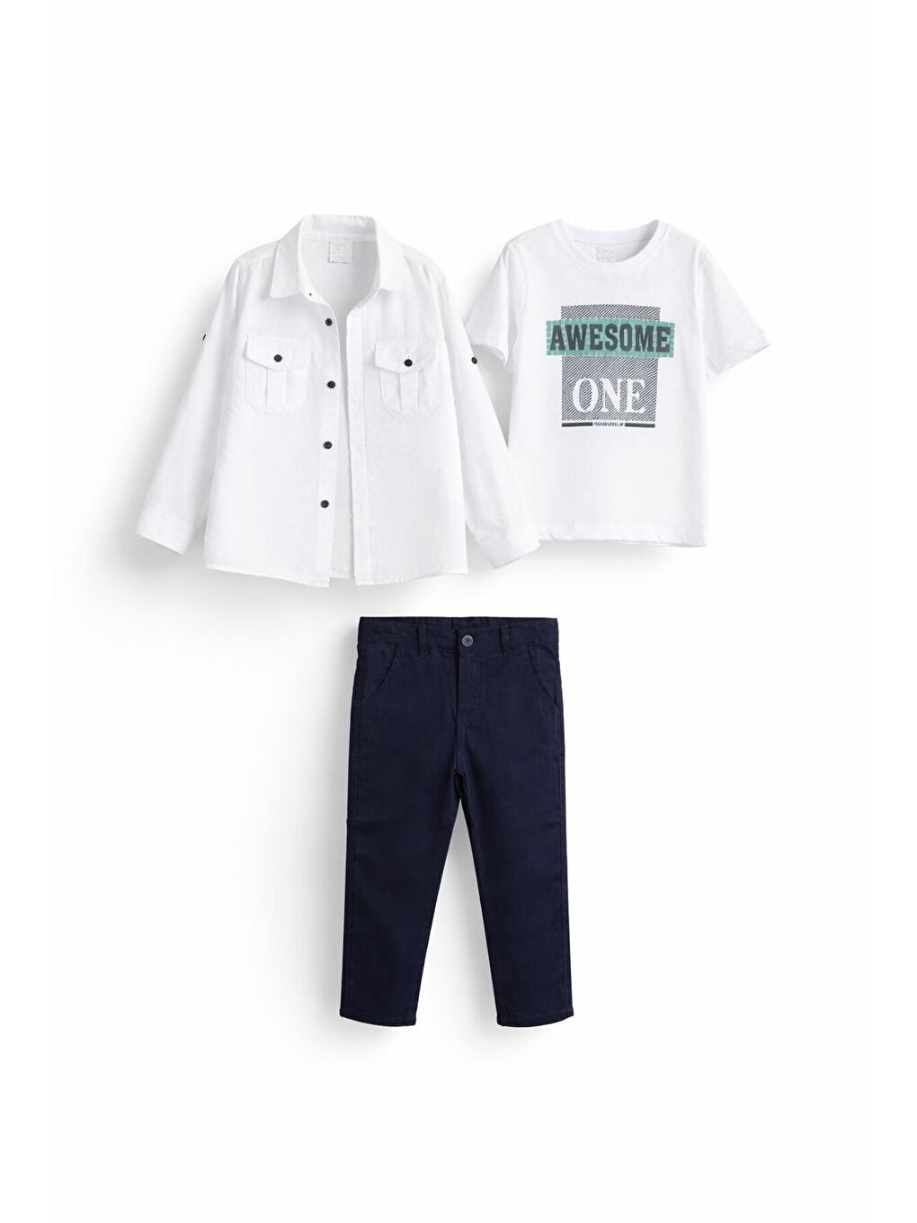 Lacivert Keten Pantolonlu Uzun Kol Gömlekli Erkek Çocuk 3lü Takım 23766-2