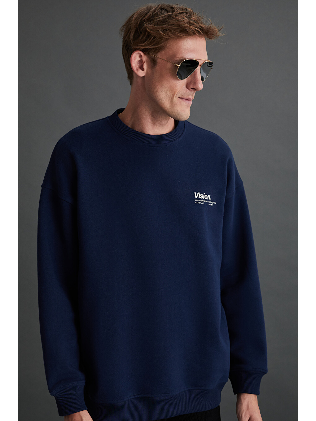 Lacivert Ernest Erkek Organik Pamuklu Yumuşacık Baskı Detaylı Bisiklet Yaka İçi Polarlı LACİVERT Sweatshirt-2