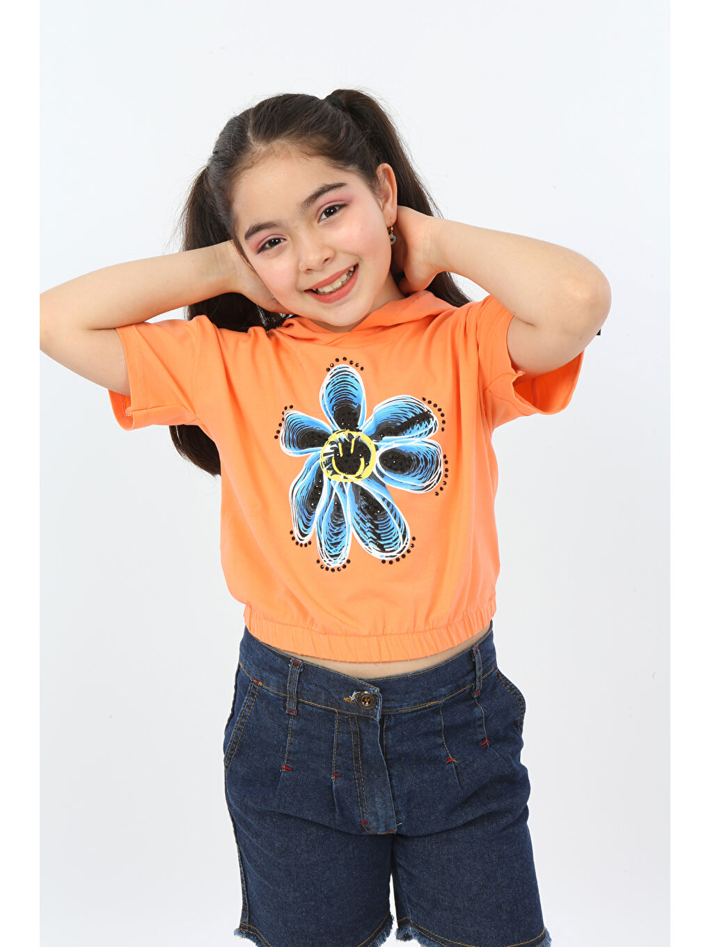 Turuncu Kız Çocuk Önü Çiçek Baskılı Tişört-2